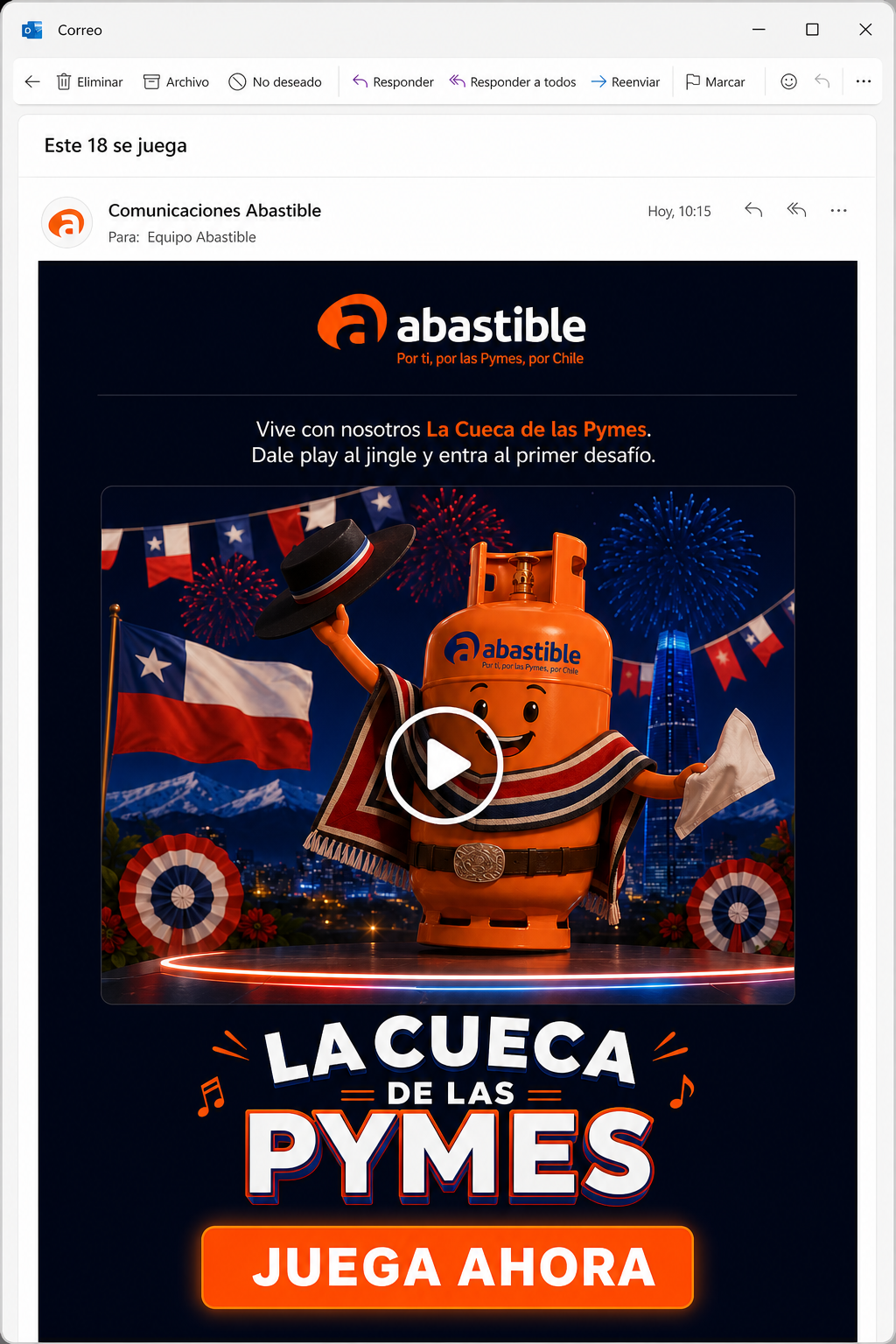 Correo de Comunicaciones Abastible al equipo con video de La Cueca de las Pymes y botón Juega ahora